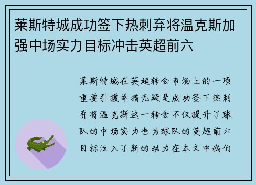 莱斯特城成功签下热刺弃将温克斯加强中场实力目标冲击英超前六